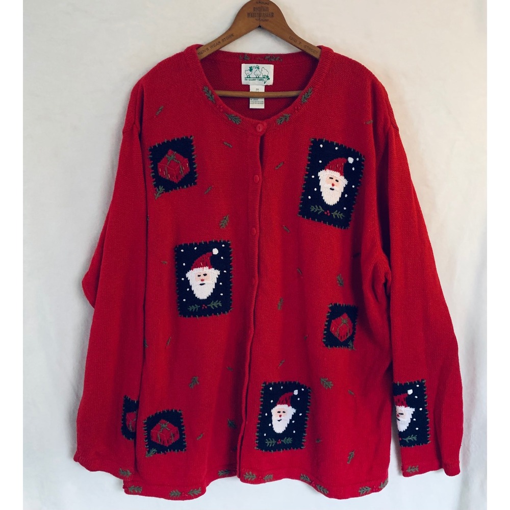 Quacker Factory Cardigan‎ Women 2X Red Santa Christmas Ugly Sweater Embroidered